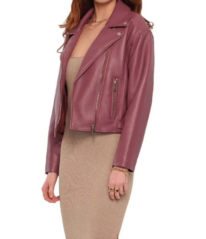 Cozy Layers Faux Leather Moto Jacket In Purple Mauve