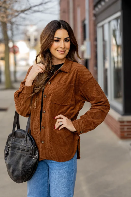 Soft Clothing Single Pocket Corded Shacket