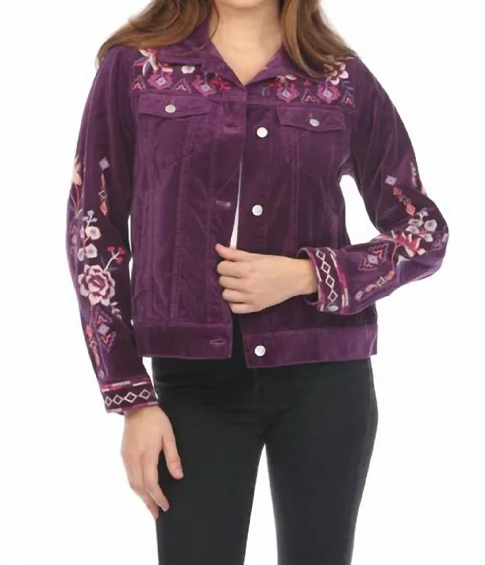Cozy Sweaters Velvet Trucker Jacket In Purple