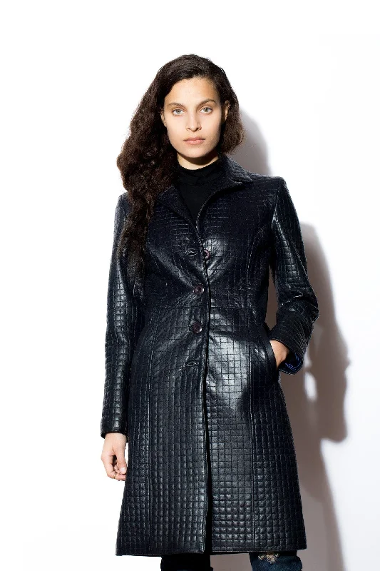 Comfy Pants Women's Quilted Navy 7/8s Leather Coat