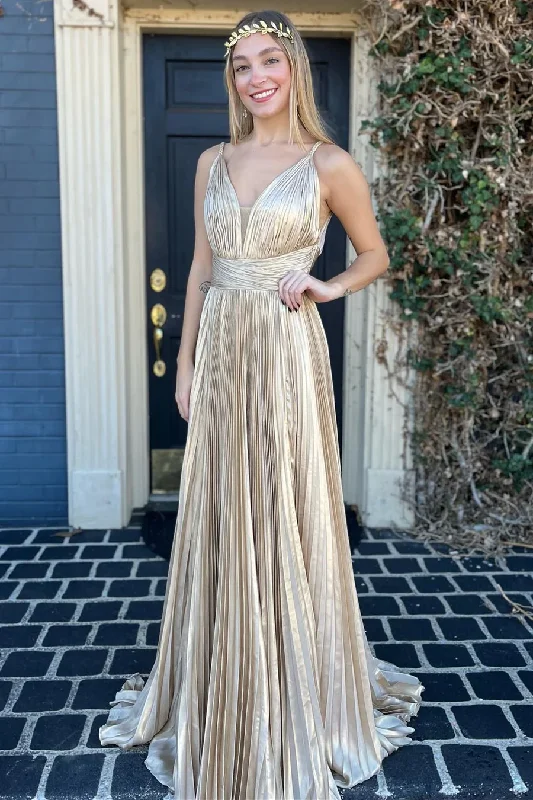 Relaxed Wear Champagne V Neck Spaghetti Straps A-Line Formal Party Dress, DP2033
