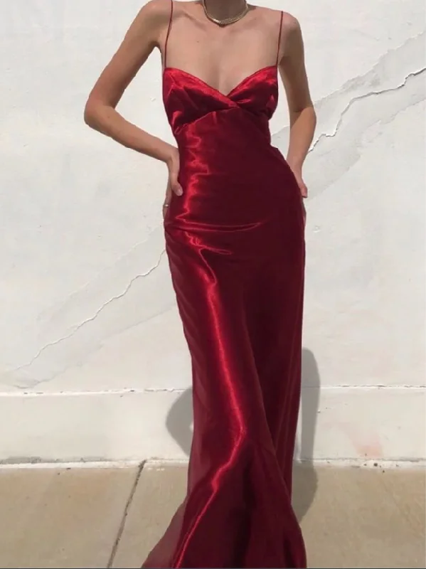 Easy Chic Charming Red Spaghetti Straps Backless Long Party Dress, DP2049