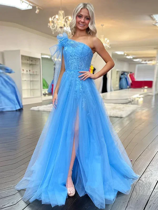 Trendy Casuals Elegant Blue One Shoulder A-Line Tulle Lace Long Party Dress, DP2067