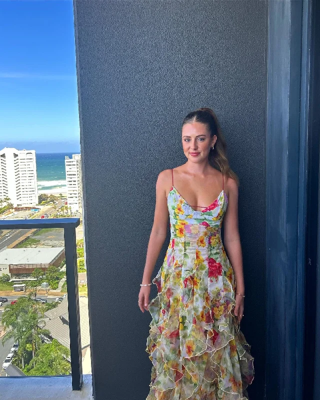 Cozy Layers Green Floral Printed A-Line Backless Ruffle Long Party Dress, DP2024