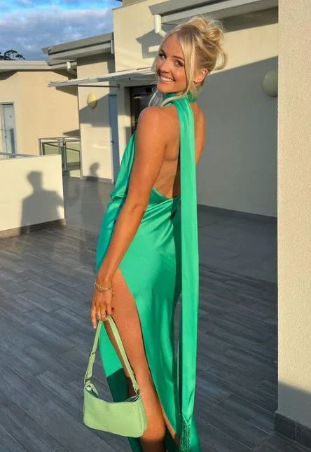 Everyday Comfort Green Halter Backless Long Party Dress Wedding Guest Dress, DP2027