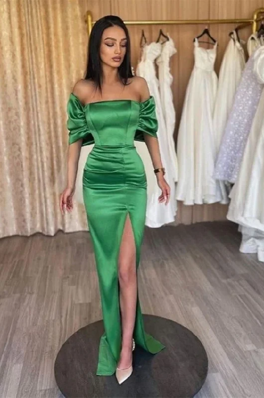 Soft Looks Green Off Shoulder Mermaid Elegant Long Prom Dress with Slit, DP2051
