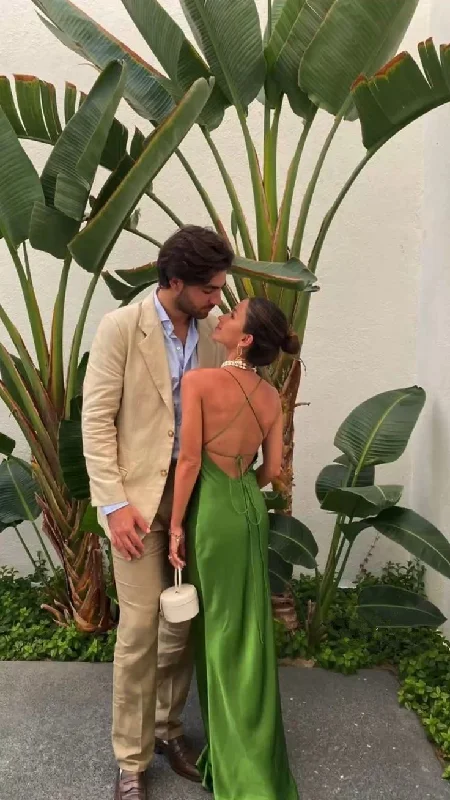 Fresh Comfort Green Straps Backless Long Party Dress Wedding Guest Dress, DP2069