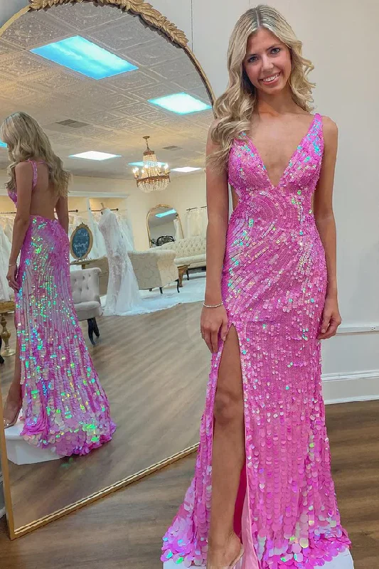 Easy Style Hot Pink V Neck Backless Sequin Long Prom Dress with Slit, DP2063