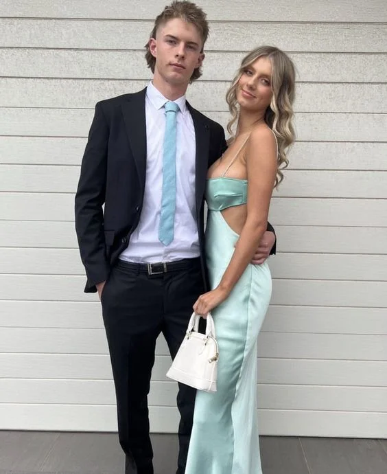 Chic Outfits Light Blue Spaghetti Straps Backless Long Party Dress Wedding Guest Dress, DP2060