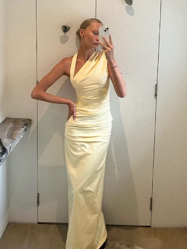 Cozy Outfit Light Yellow Halter Party Dress Wedding Guest Dress, DP2026