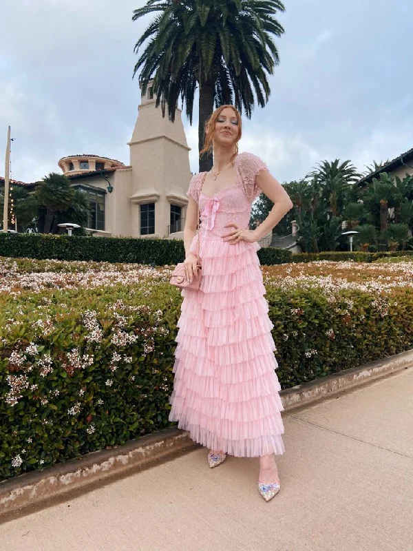 Cozy Fit Wear Pink A-Line Tulle Tiered Lace Long Party Dress, DP2055