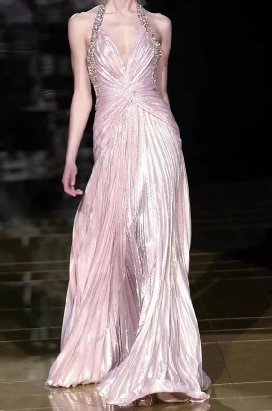 Fashion Comfort Pink Halter Beading A-Line Formal Party Dress, DP2048