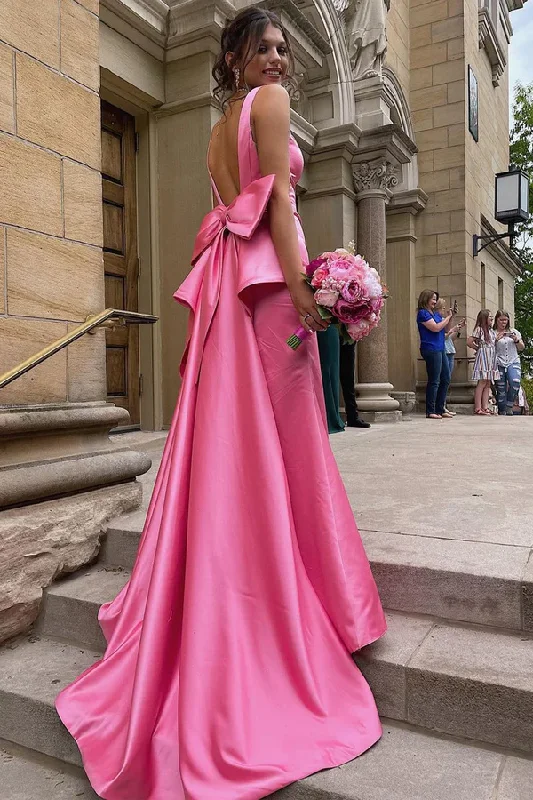 Everyday Comfort Pink V Neck Backless Long Prom Dress with Slit, DP2064