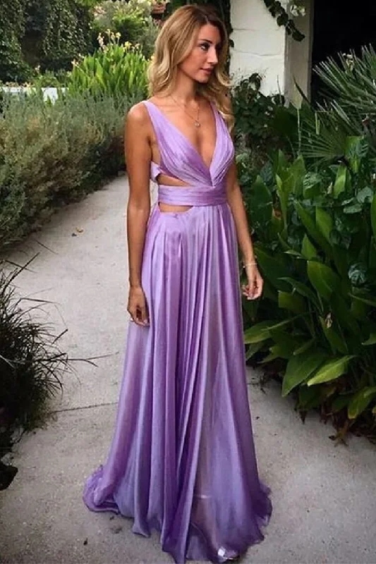 Effortless Style Purple Deep V Neck A-Line Elegant Long Party Dress with Slit, DP2038