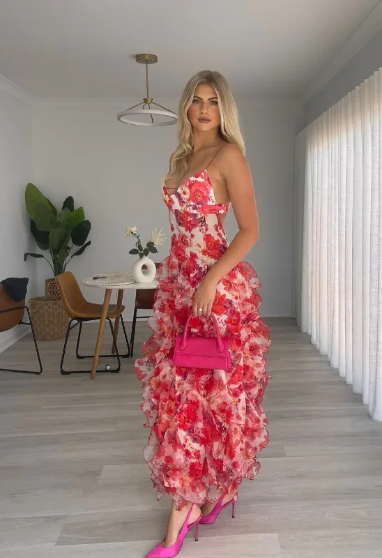 Cozy Fit Wear Red Floral Printed A-Line Backless Ruffle Long Party Dress, DP2023