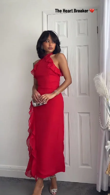 Comfortable Looks Red Halter Ruffle Charming Long Party Dress, DP2058