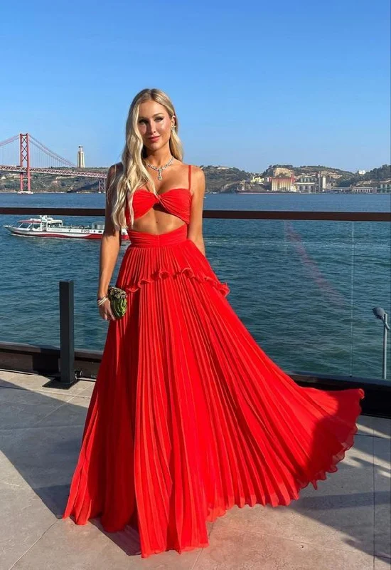 Cozy Fit Red Spaghetti Straps A-Line Elegant Long Party Dress, DP2040