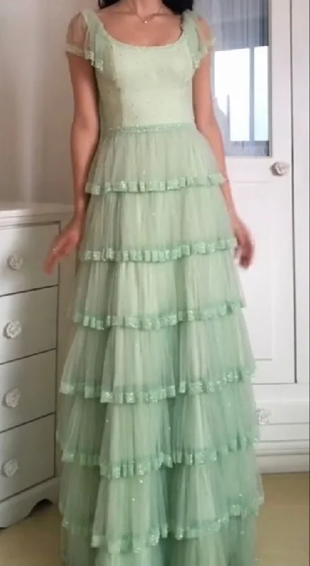 Elegant Wear Sage Green A-Line Tiered Elegant Long Prom Dress, DP2053